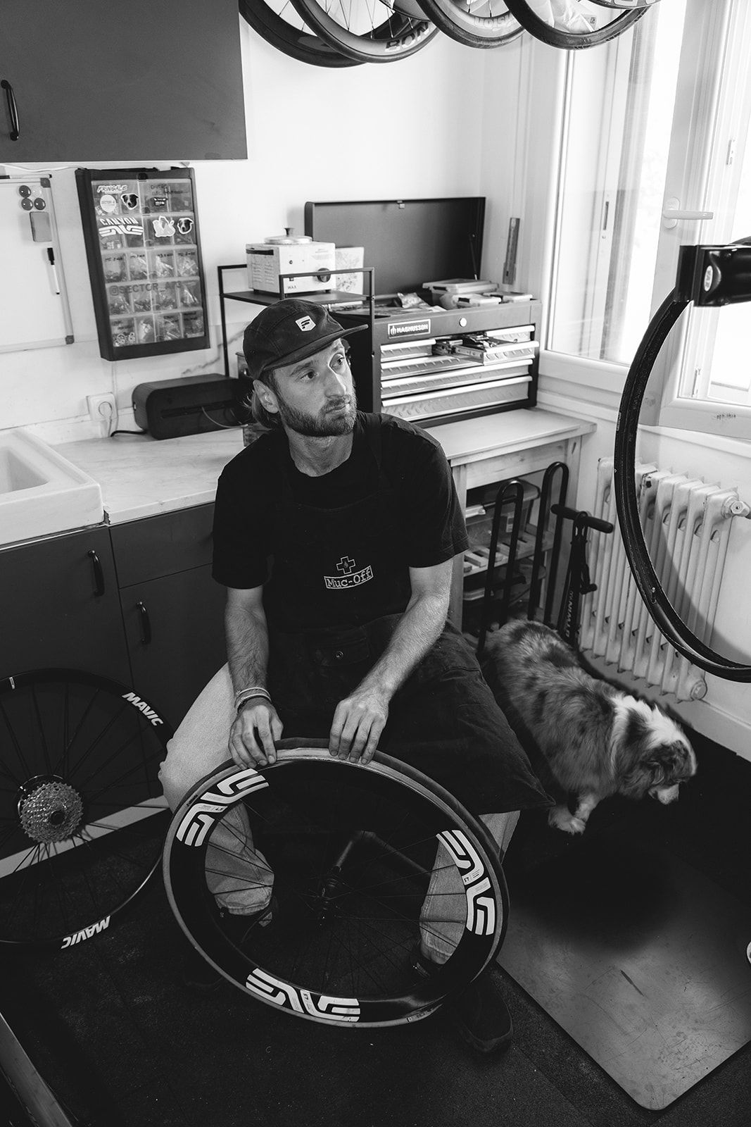Alexis dans son atelier vélo d'Aix-les-Bains avec une roue Enve, le chat de l'atelier à ses côtés